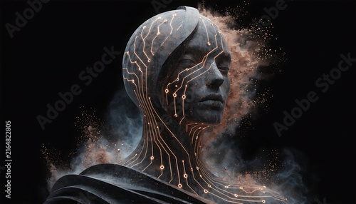Artificial intelligence bust with circuit pattern and smoke against black background