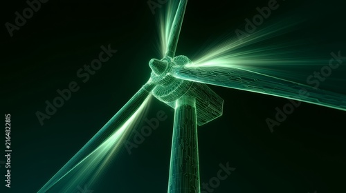 Emerald neon wireframe schematic of a four-blade windmill on dark ground