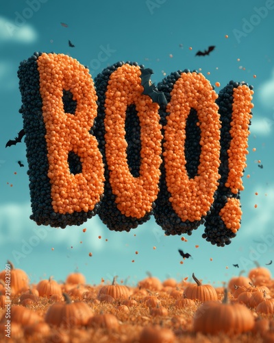 A vibrant display of the word 'BOO!' crafted from colorful candy-like balls, celebrating the playful spirit of Halloween with a fun and festive atmosphere.