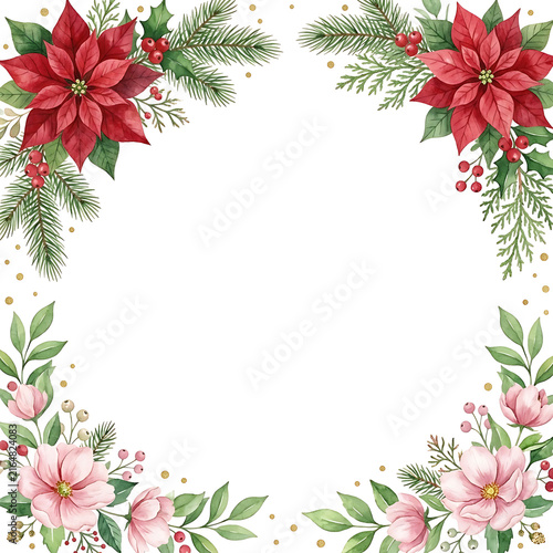Watercolor Christmas and winter floral frame with red poinsettia and pink flowers, blank space for text
