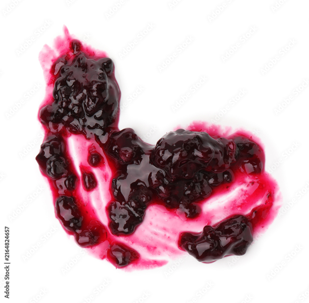 Obraz premium Delicious blackberry jam isolated on white, top view