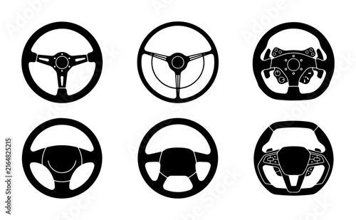 Collection of six car steering wheel icons, diverse automotive control designs, modern and classic vehicle interfaces, vector graphics