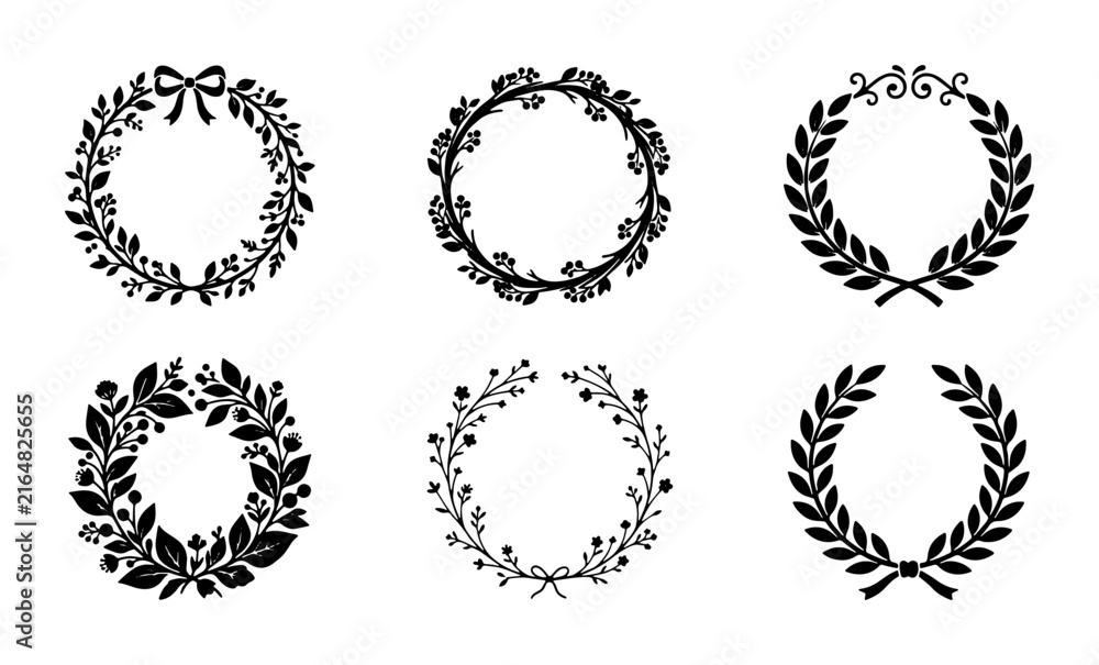 Fototapeta premium Set of 6 Laurel Wreath Vector Icons, Decorative Floral Circles, Elegant Botanical Frames for Design