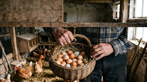 A farmer holding a woven basket full of fresh organic eggs inside a rustic chicken coop.
