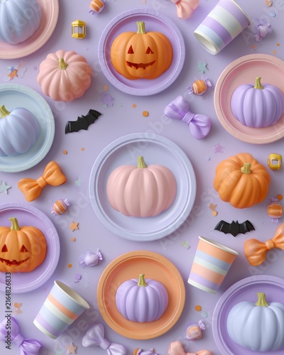 A vibrant flat lay featuring decorative pumpkins, colorful bows, and playful Halloween elements, ideal for festive and autumn-themed designs or events, showcasing seasonal cheer.
