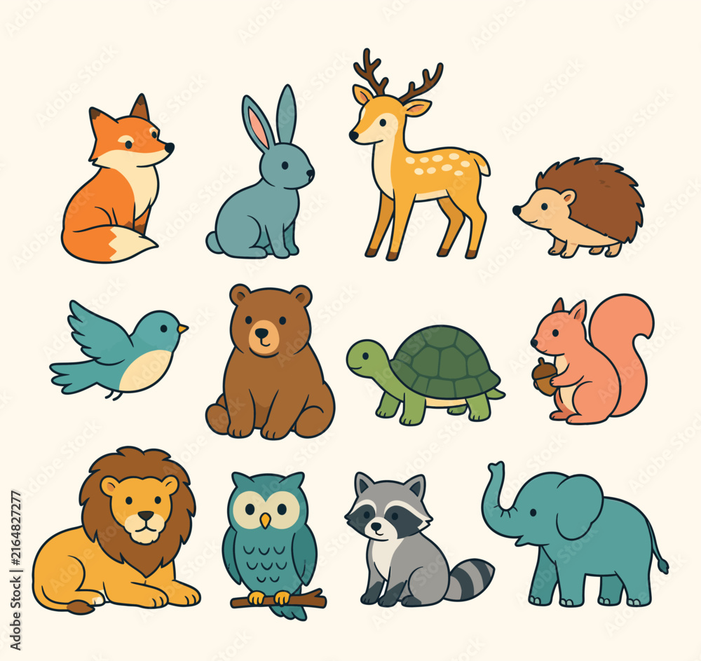 Fototapeta premium Cute collection of forest and zoo animal characters.
