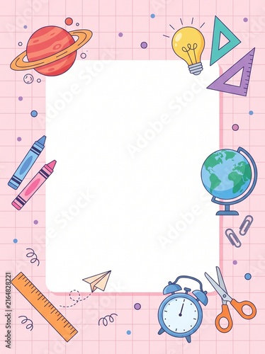 Back to School Poster Template with Cute Educational Supplies and Planet Illustration on Pink Grid Background for Classroom Education and Creative Projects