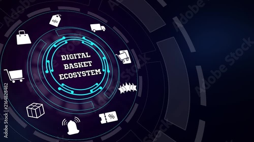 Connecting multi-vendor shopping networks using a high-tech digital basket ecosystem dashboard template with glowing neon nodes