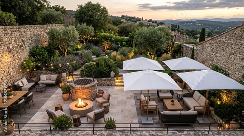Elegant Outdoor Patio with Fire Pit, Lounge Area, and Umbrellas at Dusk