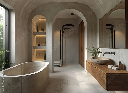 Contemporary wellness bathroom with curved microcement walls, integrated tub, and wooden vanity.