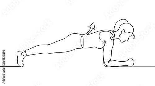 Woman doing plank exercise. Core strength and fitness workout concept. Continuous line vector illustration