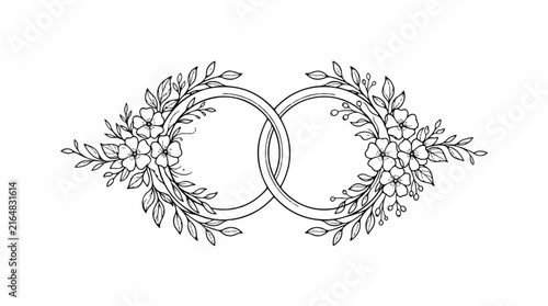 Intertwined wedding rings encircled by delicate floral wreaths in a line art illustration.