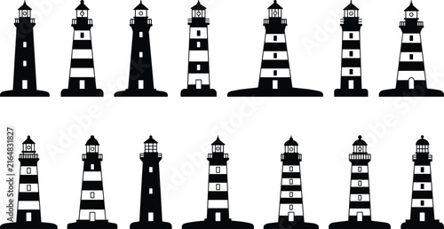 Maritime navigation lighthouse vector silhouettes featuring striped and solid black architectural designs