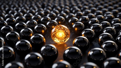 Golden gemstone sphere stands out among black beads on dark background with displays glowing amber sphere surrounded