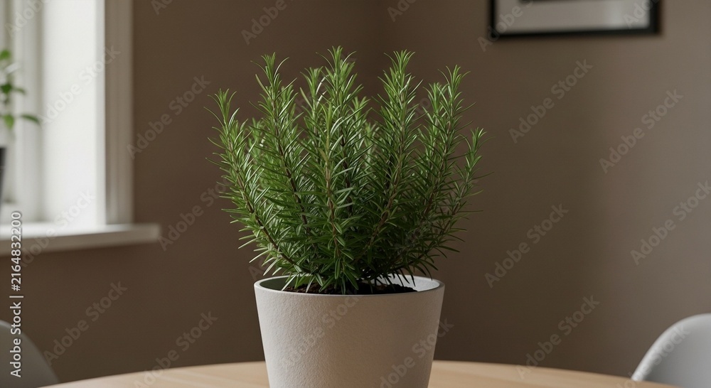 Fototapeta premium Fragrant Rosemary Plant in a White Pot on Table, Home Kitchen Decor