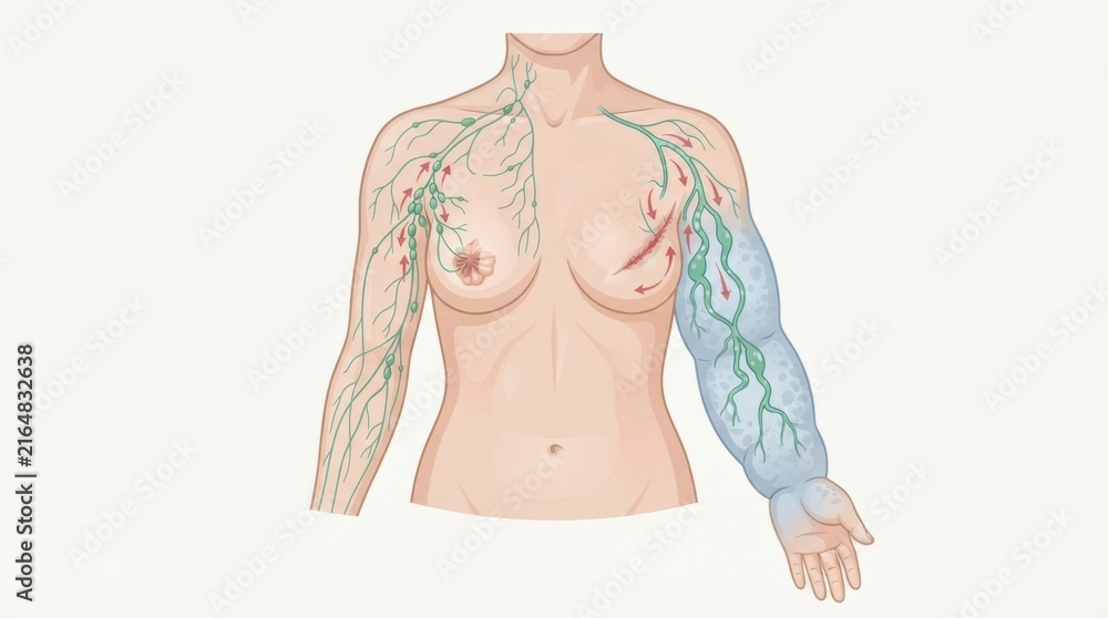 Naklejka premium Lymphatic system shows lymph nodes and vessels with focus on cancer effects and lymphedema in the arm.