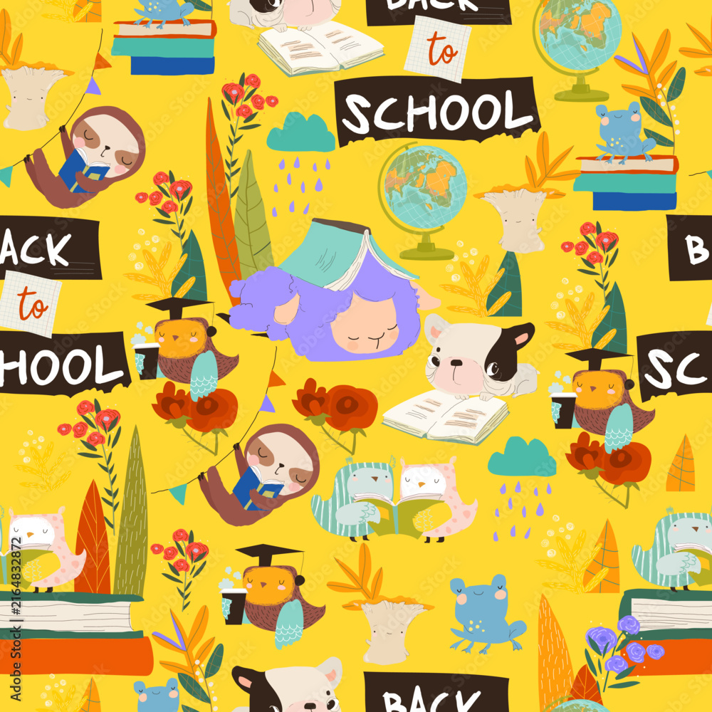 Naklejka premium Seamless Pattern With Animals Sitting On Stacks Of Books