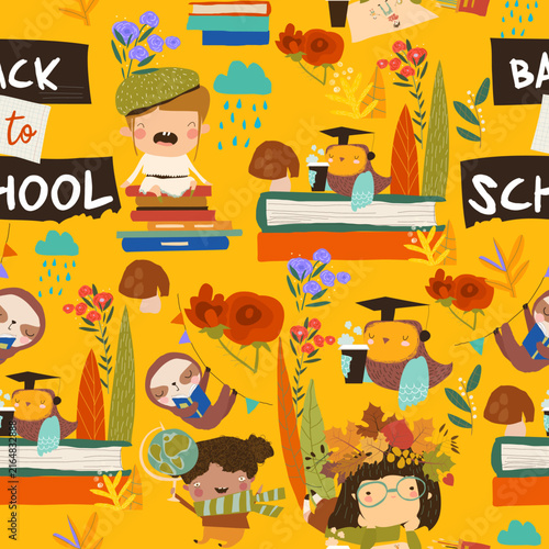Seamless Pattern Composed of Happy Children with School Equipment. Back to School