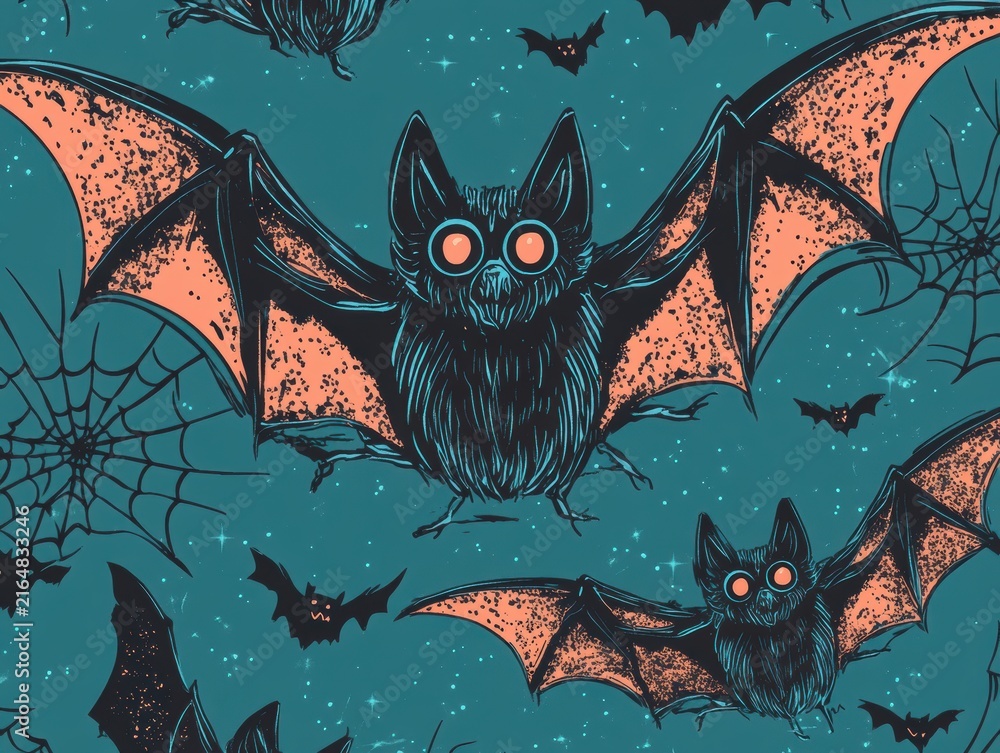 A seamless pattern design features detailed illustrations of spooky black and grey bats flying on a textured teal background with spiderwebs.
