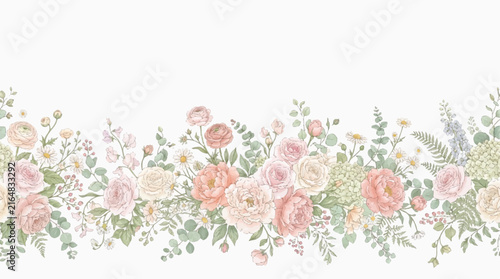 Delicate watercolor floral border featuring pink roses and soft greenery along a white background, decorative pattern suitable for invitations.