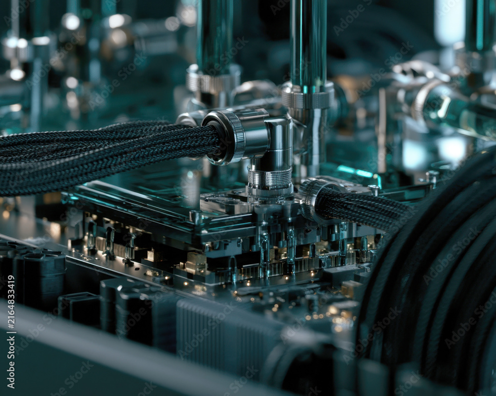 Fototapeta premium extreme macro shot of liquid cooled computer motherboard processor with water cooling tubes, braided cables, high performance pc hardware background for technology, gaming, hardware concept art