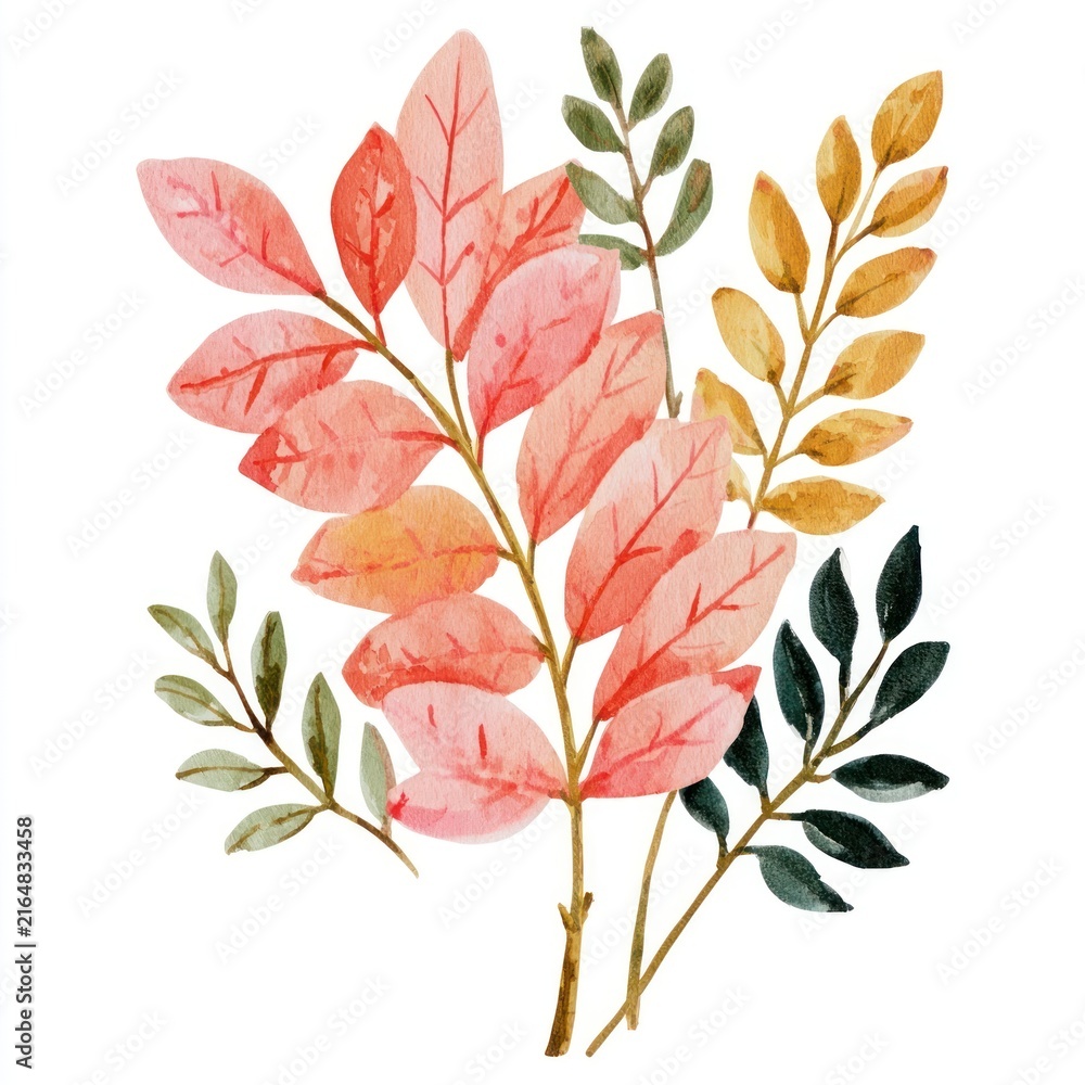 Fototapeta premium Watercolor botanical branch with pink and green leaves