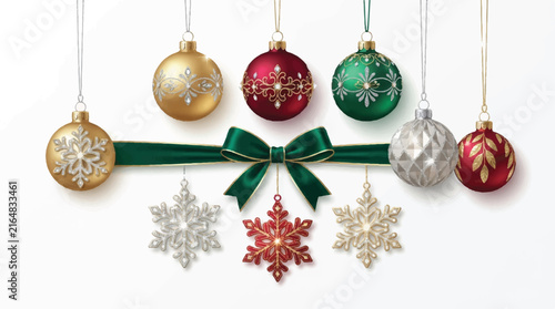 Festive Christmas Ornaments Adorn a Garland with Snowflakes and Ribbons.