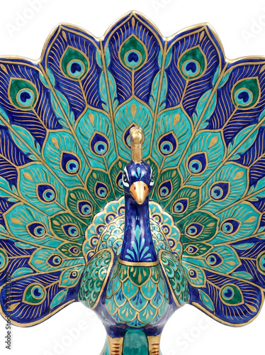 Luxury Indian Peacock Figurine with Ornate Colorful Tail on Transparent Background