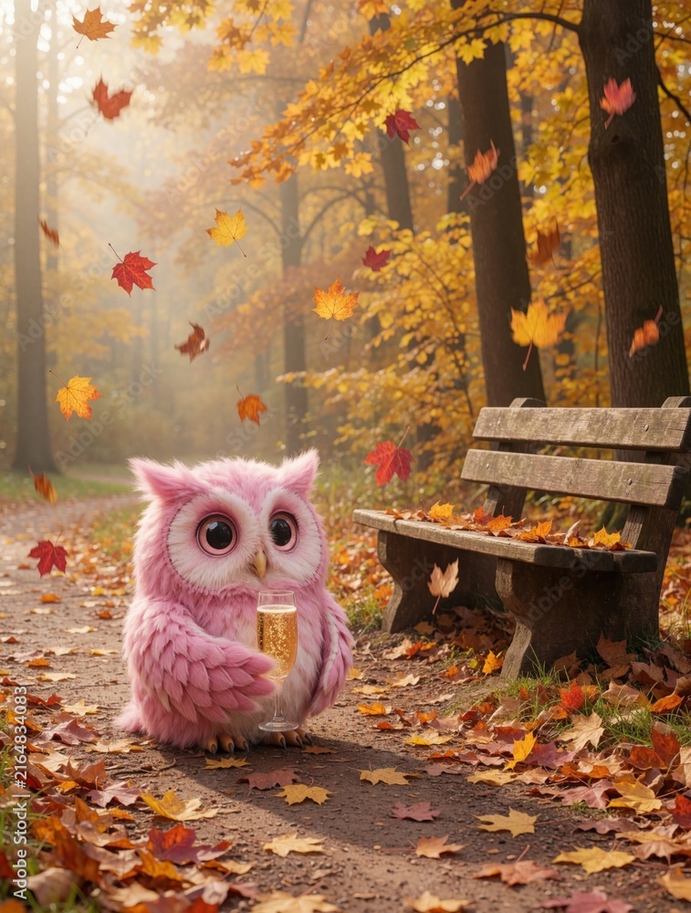 Fototapeta premium Whimsical pink owl sits on autumn path holding drink. Falling leaves surround fuzzy bird near wooden bench in park. Soft focus forest scene, cozy fall atmosphere.