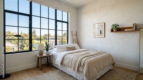 Cozy modern bedroom with large loft-style window and natural light