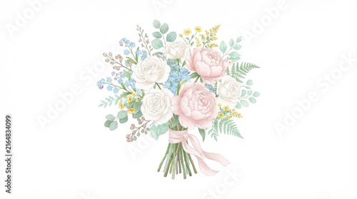 Delicate watercolor pastel bouquet of roses and peonies.