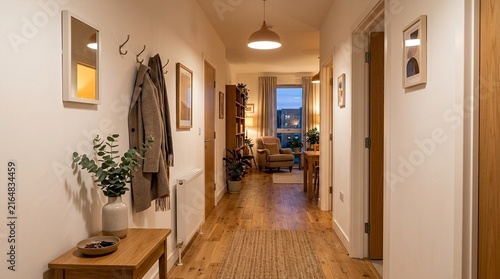 Cozy Modern Hallway with Warm Lighting and Entryway Decor