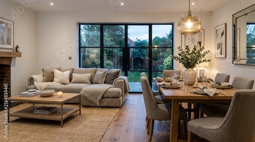 Cozy Modern Living and Dining Area with Large Glass Doors to Garden
