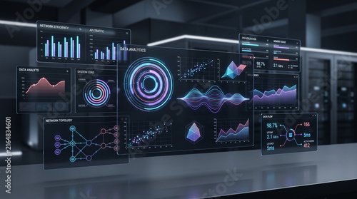 Futuristic data analytics interface with glowing charts, network topology, system metrics, predictive insights, cloud technology, performance monitoring, digital intelligence enterprise