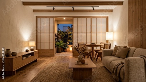 Cozy modern living room with Japanese shoji screens and neutral tones