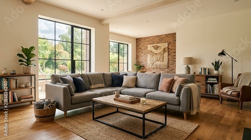 Cozy modern living room with large sectional sofa, natural light and rustic brick wall.