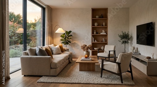 Cozy modern living room with large window, sofa, armchairs, and wooden furniture.