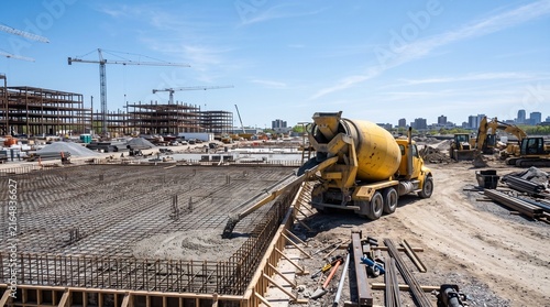 Construction site with concrete mixer and steel framework under blue sky