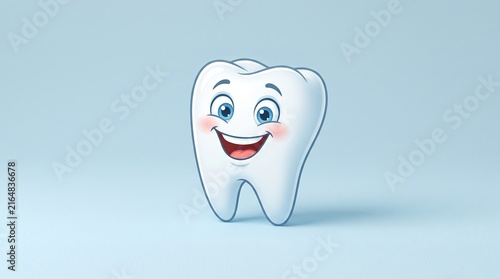 Cheerful cartoon tooth character with a big smile on a light background
