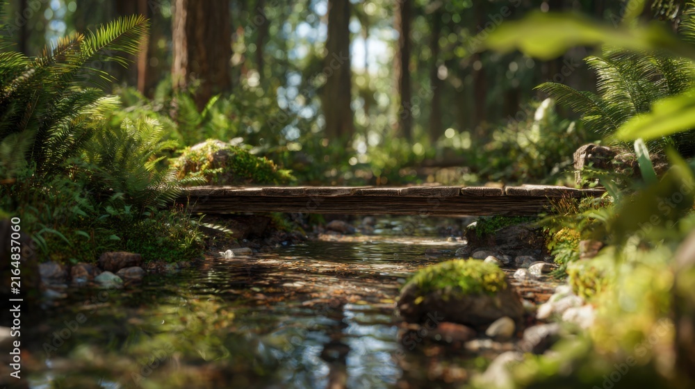 Fototapeta premium rustic wooden bridge crossing a crystal clear forest stream, moss covered stones, lush green ferns and wild plants on both sides, sunlight filtering