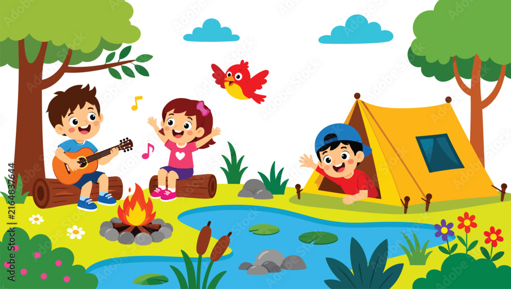 Naklejka premium Cheerful children enjoying outdoor camping adventure by a peaceful lake in nature.
