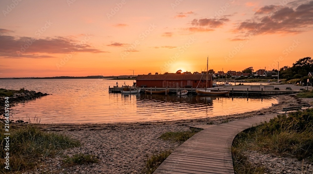 Obraz premium Coastal Village Harbor at Sunset, Scenic Seascape with Wooden Dock and Calm Water