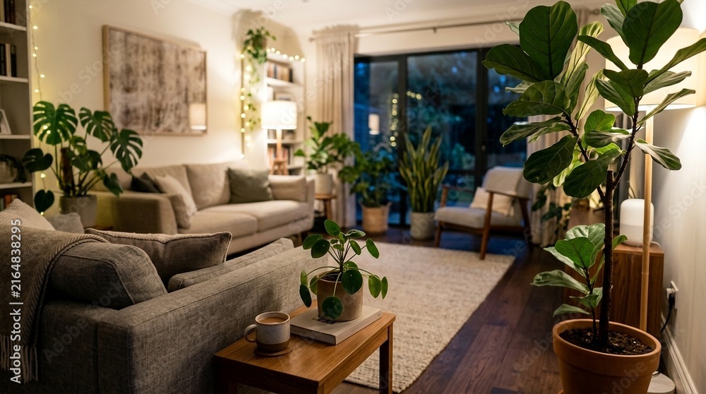 Fototapeta premium Cozy modern living room with plants, warm lighting, and cozy seating