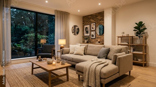 Cozy modern living room with sectional sofa, brick wall, and large window view