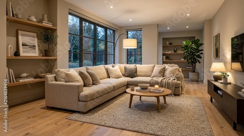 Cozy Modern Living Room with Sectional Sofa, Fireplace, and Large Windows