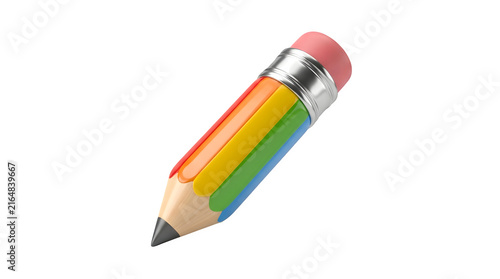 3d render of a colorful rainbow pencil with a pink eraser, isolated on transparent background