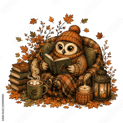 Owl reading a book while cozy on a plaid blanket surrounded by autumn leaves  