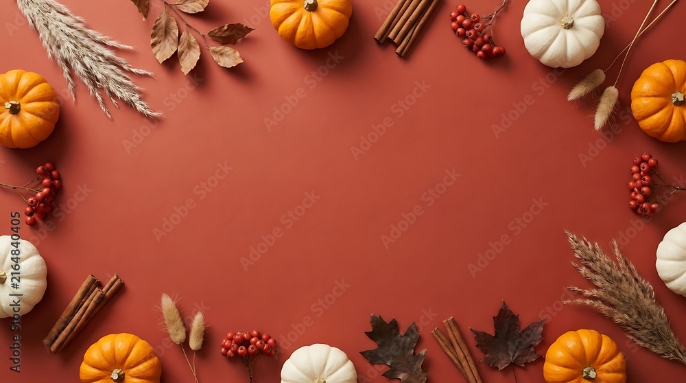 Fototapeta premium A festive thanksgiving day arrangement with pumpkins leaves and natural elements for autumn celebrations