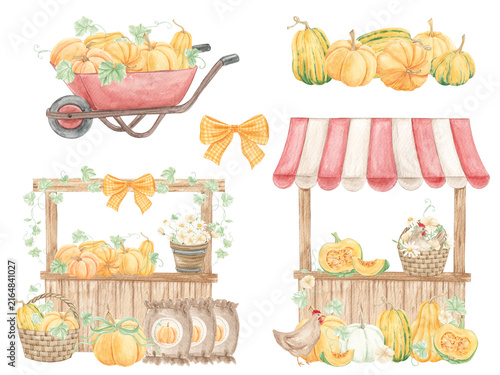 Hand-drawn market elements. Watercolor pumpkin market. Autumn harvest. Thanksgiving. Painted fair. Garden cart, stalls. Wooden texture, boxes.