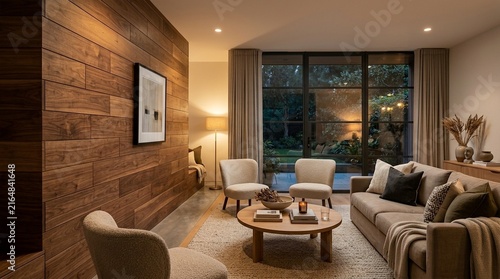 Cozy modern living room with wood accent wall, fireplace, and garden view